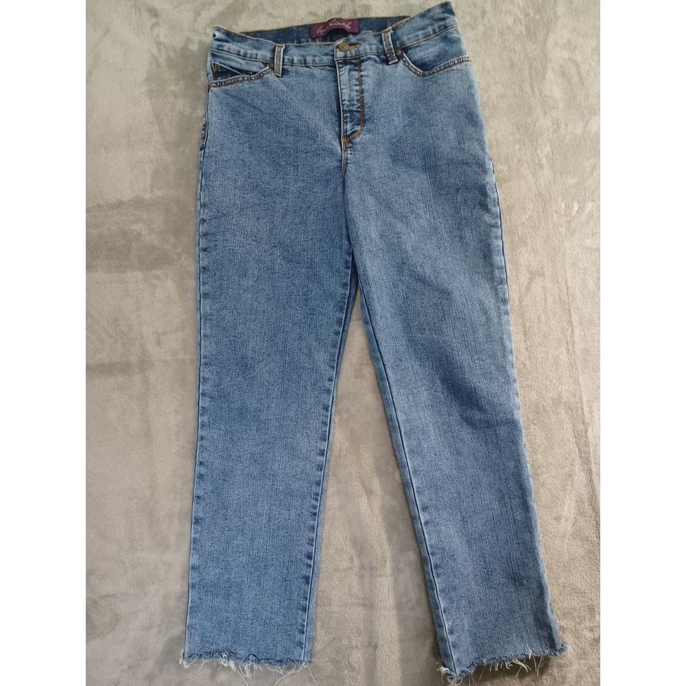 Gloria Vanderbilt Amanda Jeans Sz 10 Raw Hem Straight Leg Stretch Blue Acid Wash